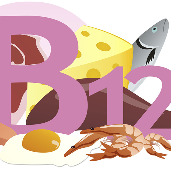 Drawing of B12 and foods that have a lot of B12 in them