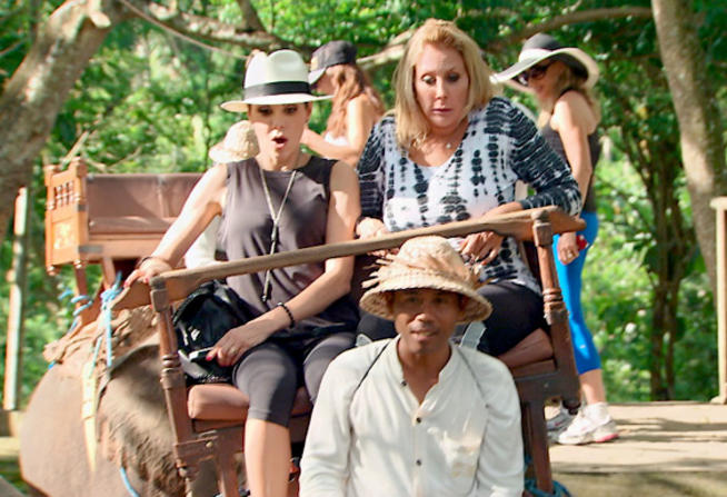 Heather Dubrow and Shannon Beador taking a bumpy elephant ride in Bali