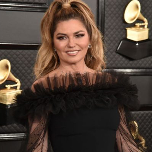 Shania Twain wearing a black outfit at the Grammy Awards