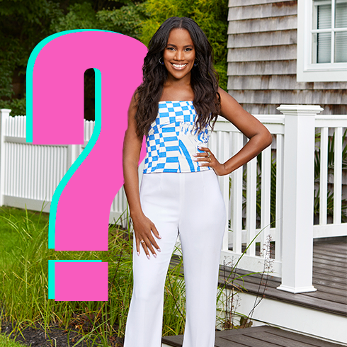 Gabby Prescod in front of a pink question mark