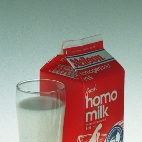 Carton of homo milk next to glass of milk