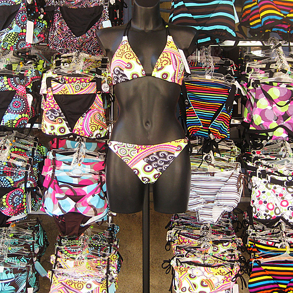 Wall of bikini tops and bottoms