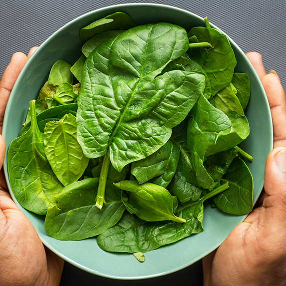 a bowl of spinach held in two hands