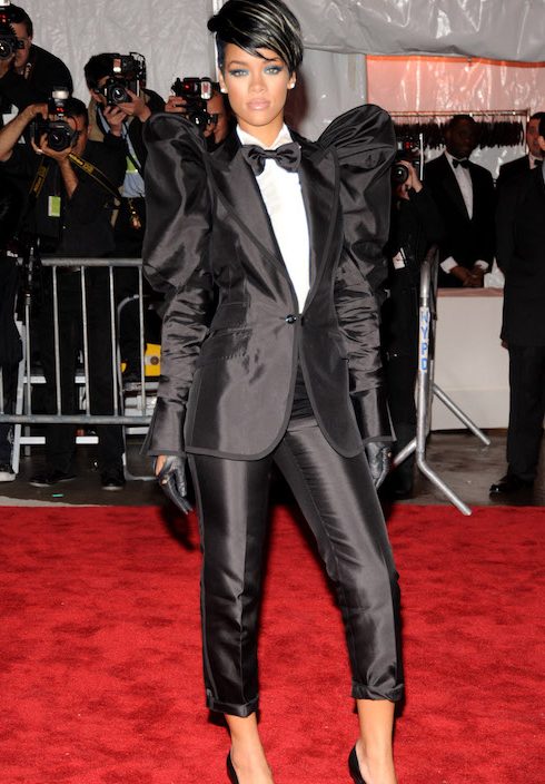 Rihanna wears a tuxedo-style suit to the 2009 MET Gala