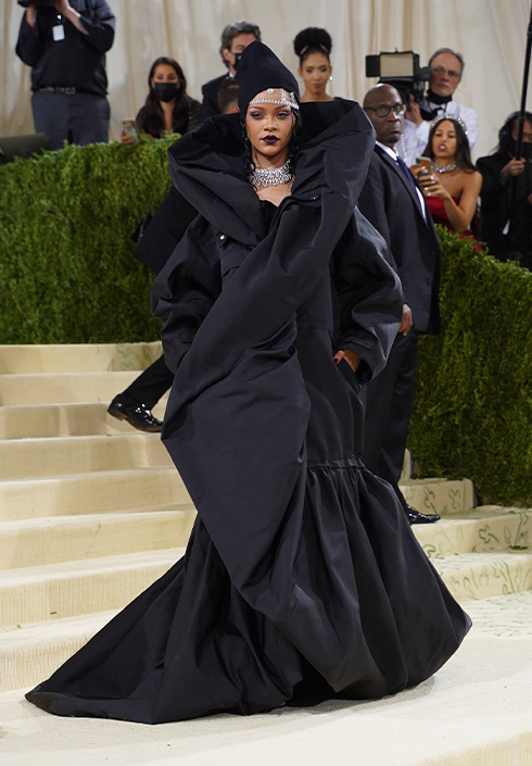 Rihanna wearing all black at the Met Gala 2021