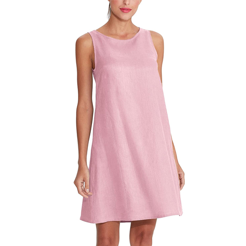 A model in a pink linen dress