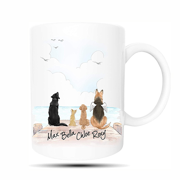 four dogs facing away on a mug