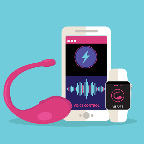 Sex toy, phone, and Apple Watch with the toy's app controls, digital art image