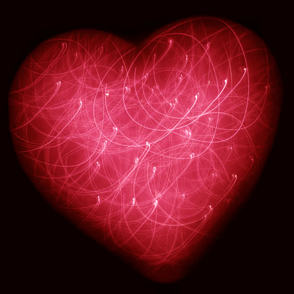 A red heart on a black background with white lines inside it