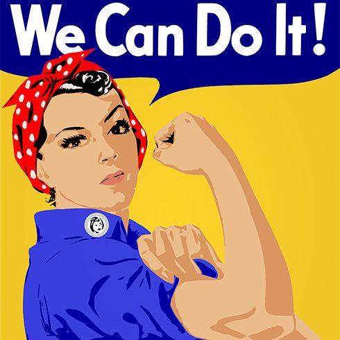 Illustration of woman baring her bicep muscle, wearing a red bandana in her hair.