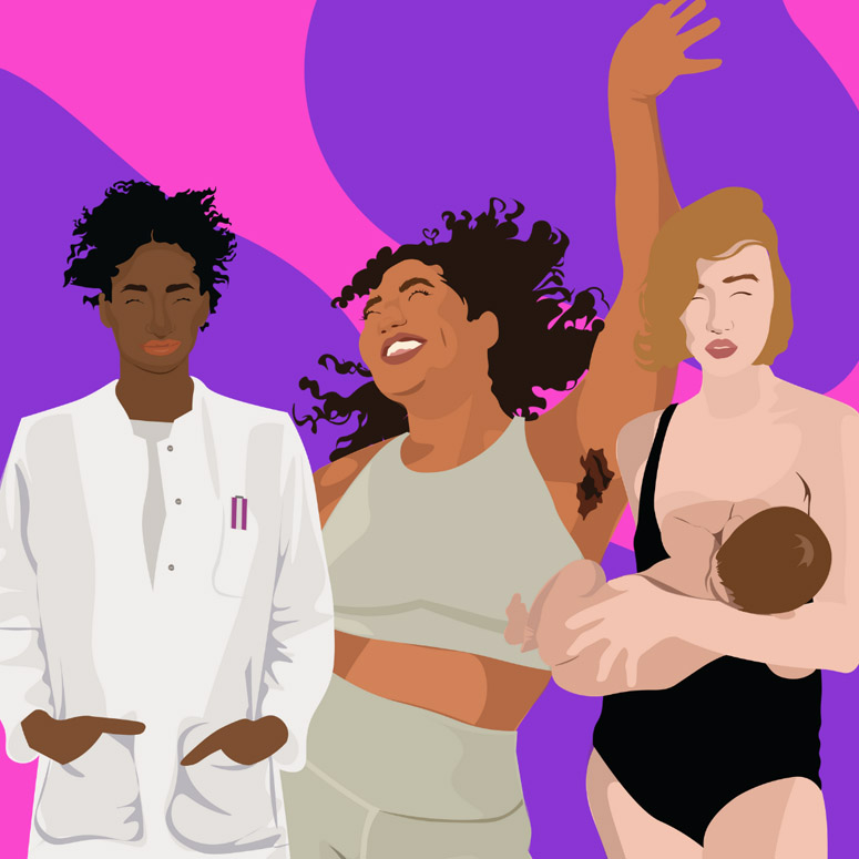 Illustration of women with body hair, breastfeeding, dressing androgynous
