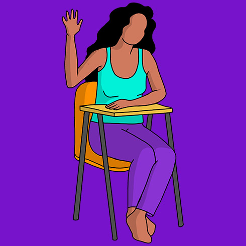 Illustration of woman in chair raising her hand