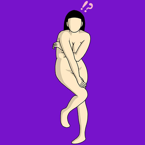 Illustration of a naked woman trying to cover up her bits
