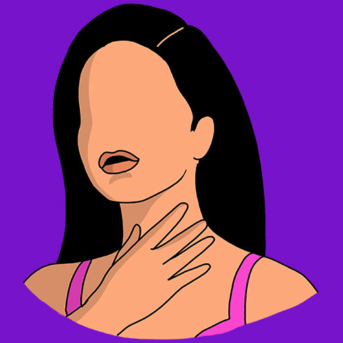 Illustration of a faceless woman holding onto her throat as she's lost her voice