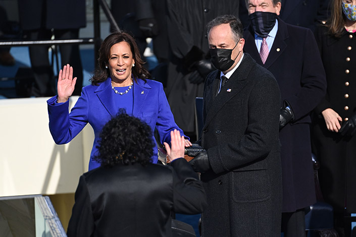 Kamala Harris is sworn in as vice president by Supreme Court Justice Sonia Sotomayor as her husband Doug Emhoff holds the Bible during the 59th Presidential Inauguration at the U.S. Capitol on January 20, 2021 in Washington, DC. During today's inauguration ceremony Joe Biden becomes the 46th president of the United States. 