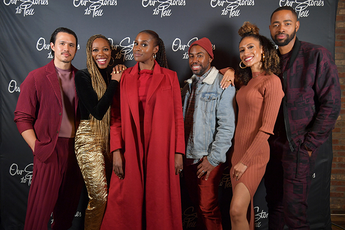 Alexander Hodge, Yvonne Orji, Issa Rae, Prentice Penny, Elaine Welteroth and Jay Ellis pose at the Lowkey "Insecure" Dinner presented by Our Stories to Tell at Firewood on January 25, 2020 in Park City, Utah. 