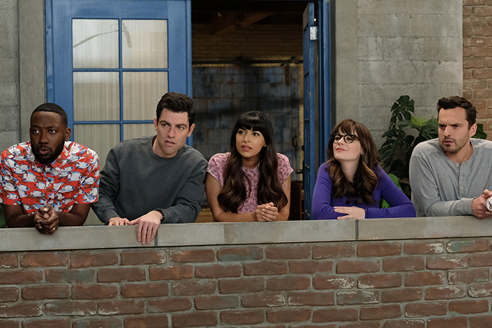  L-R: Lamorne Morris, Max Greenfield, Hannah Simone, Zooey Deschanel and Jake Johnson in "Engram Pattersky," the second part of the special one-hour series finale episode of NEW GIRL