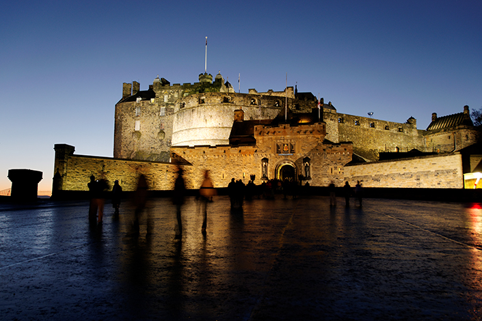 Long exposure image of Edinburgh Castle in the evening.