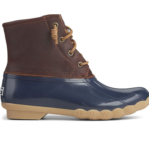 Brown and navy blue Sperry Duck Boots