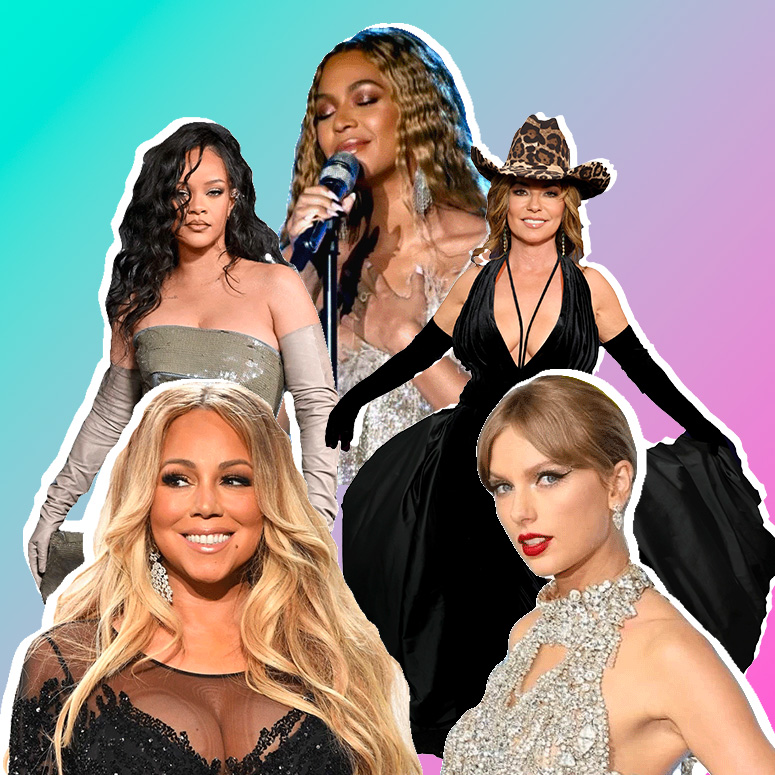 Collage of Beyonce, Rihanna, Shania Twain, Mariah Carey and Taylor Swift
