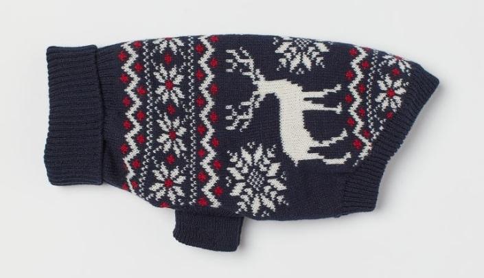 Soft, jacquard-knit dog sweater. Rib-knit turtleneck, ribbing at front legs, and ribbed opening for hind legs.