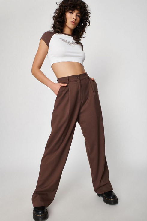 Brown wide legged pants on model