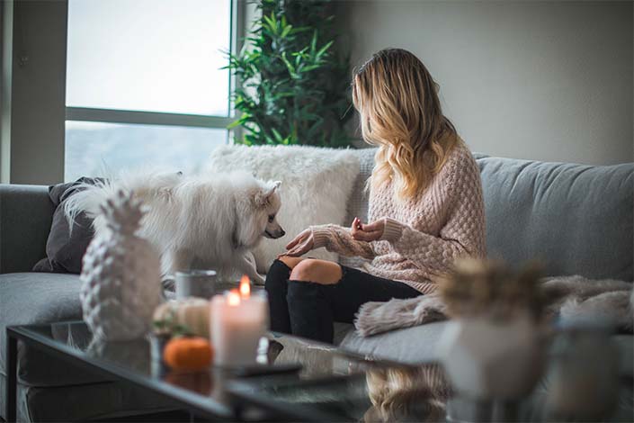 blonde woman feeding treat to white dog in cozy living room