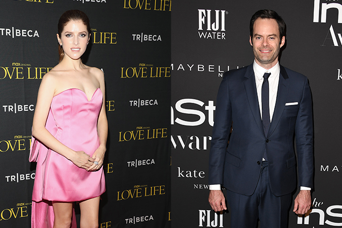 Anna Kendrick in a pink dress and Bill Hader in a suit