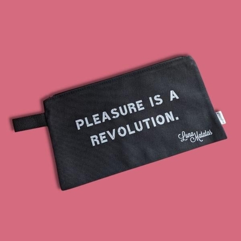A black storage pouch with the phrase 
