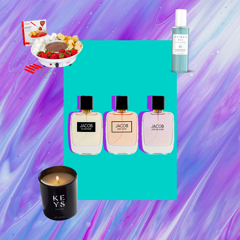 Fondue kit, candle, intimacy oil and three perfumes