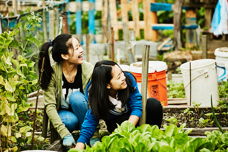 Two women volunteering in a community garden
