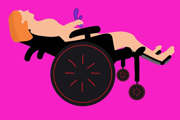illustration of a person reclined in wheelchair holding toy