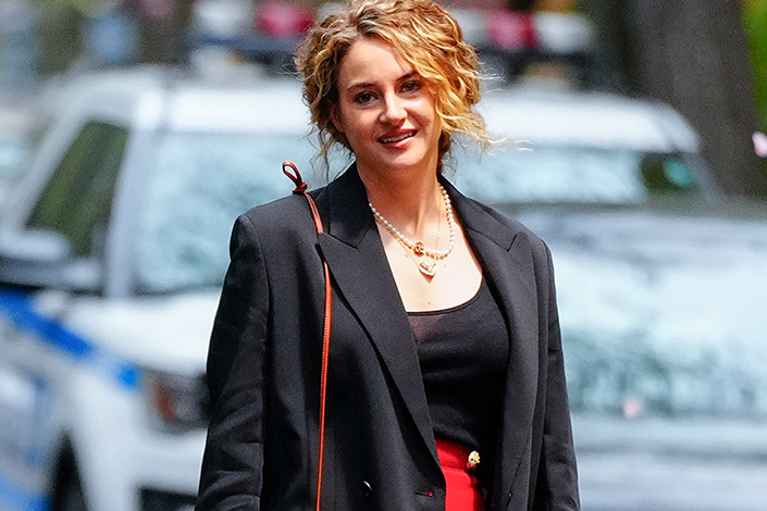 Shailene Woodley is seen filming on location for 'Three Women' on April 25, 2022 in New York City. 