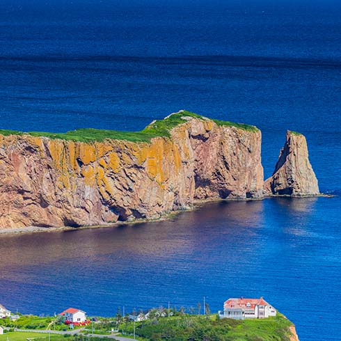 A look at the small town of Percé and its famous Rocher Percé (Perce Rock), part of Gaspe peninsula in Québec