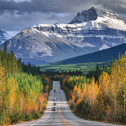 Scenic drive in Canadian Rocky mountains, along the world famous Icefields Parkway (Highway 93), in Alberta province of Canada