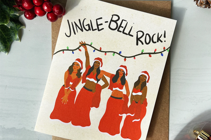 A greeting card that says "Jingle Bell Rock"