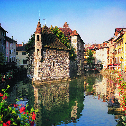 A shot of the riverfront of Annecy, France