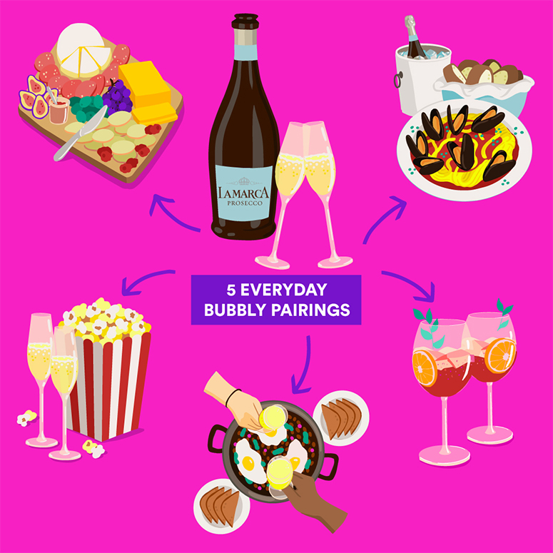 Illustration of Prosecco and food