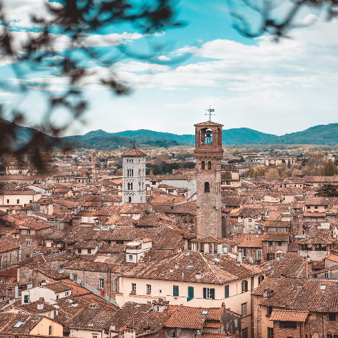 A shot above the city of Lucca, Italy