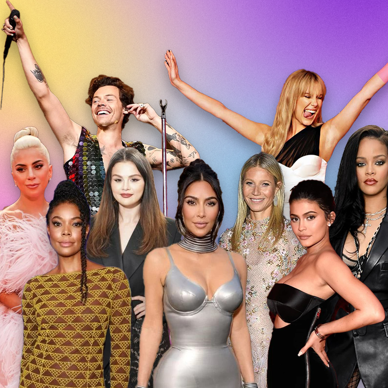 Collage of celebs: Lady Gaga, Harry Styles, Gabrielle Union, Selena Gomez, Kim Kardashian, Gwyneth Paltrow, Millie Bobby Brown, Kylie Jenner, Rihanna