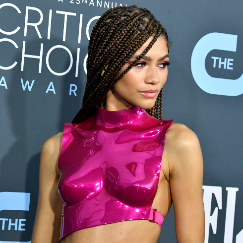 Zendaya in a pink chrome Tom Ford breastplate on the Critic's Choice Awards red carpet