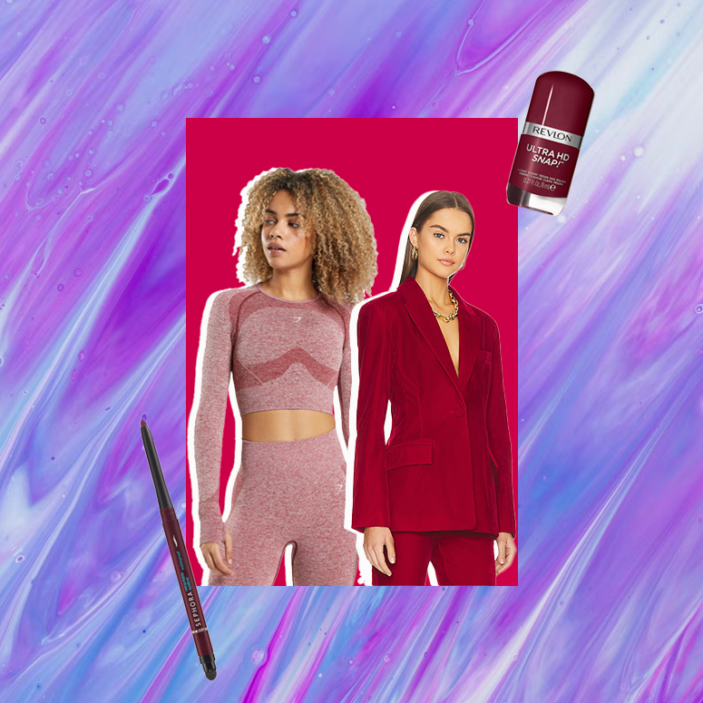 Collage of two models wearing magenta outfits and a nail polish and an eyeliner