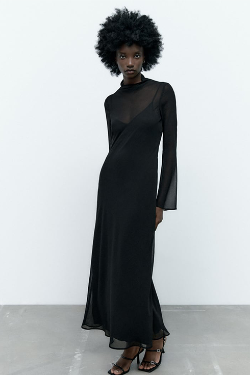 A woman wearing a long transparent black dress