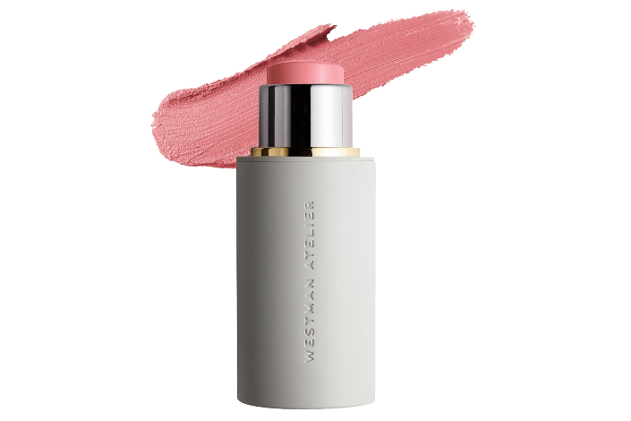 Westman Atelier baby cheeks blush stick in Petal with a swatch in the background