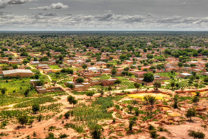Panoramic landscape view to sahel and oasis, Dogondoutchi, Niger