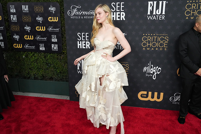 Elle Fanning in a beige tulle gown at the Critics Choice Awards