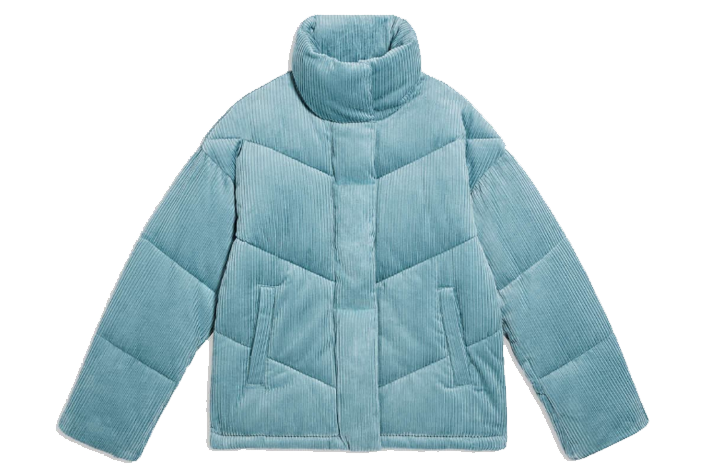 A blue puffer coat