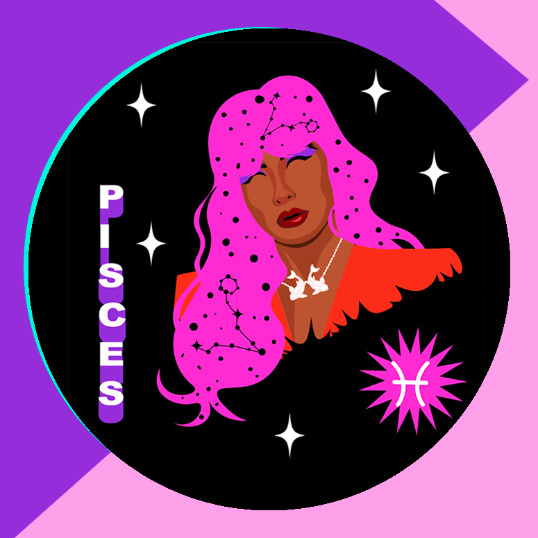 Pisces illustration featuring a woman with pink hair, the Pisces sign and illustrated stars.