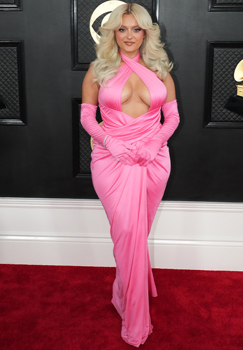 Bebe Rexha wearing pink at the Grammy Awards 2023