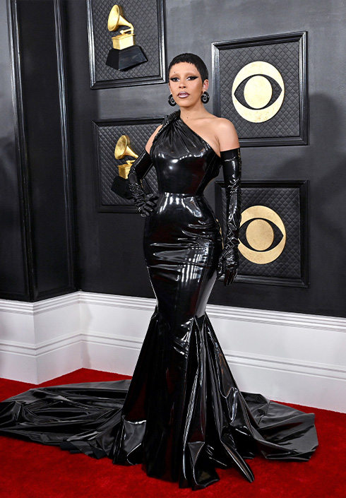 Doja Cat wearing vinyl black dress at the Grammy Awards 2023